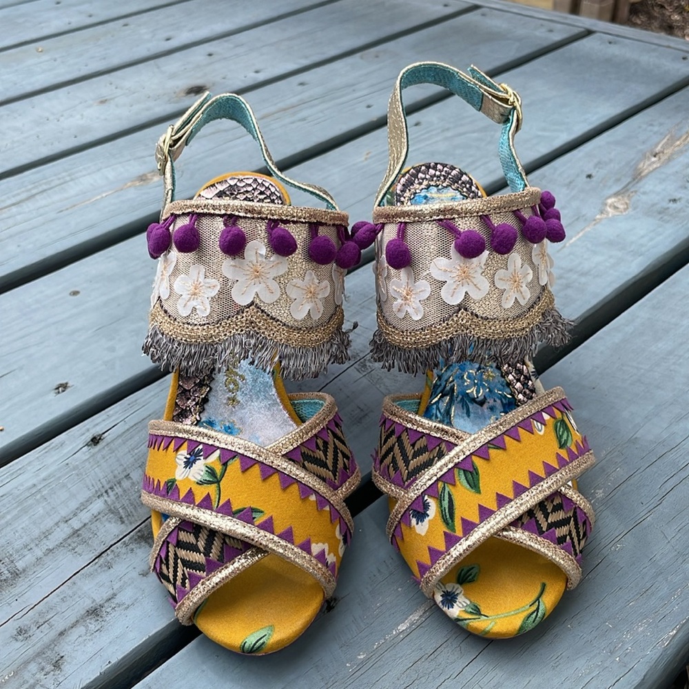 Irregular Choice - Purple and Gold “Aztec Queen" Peep Toe Sandals